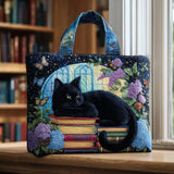Sac à main matelassé chat noir et livres, brodé main – Mathilde Montreux