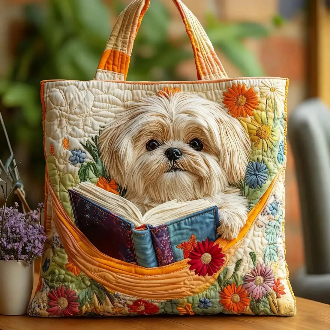 Sac à main matelassé shih tzu aux fleurs, brodé main – Mathilde Montreux