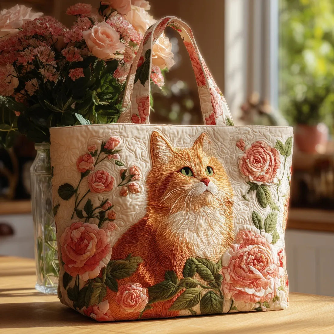 Sac à main matelassé chat roux aux roses, brodé main – Mathilde Montreux