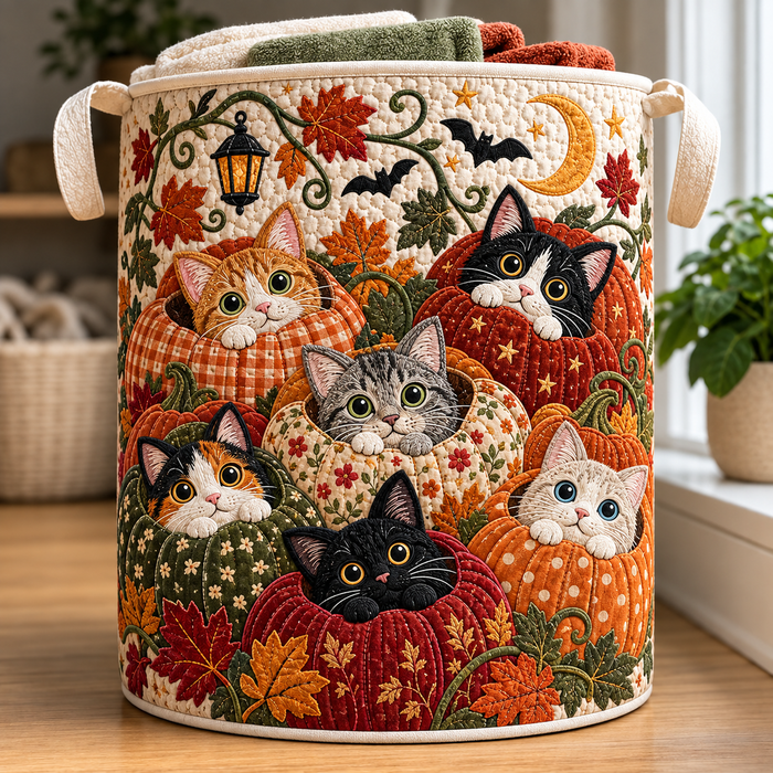 Panier à linge matelassé Chats et Citrouilles