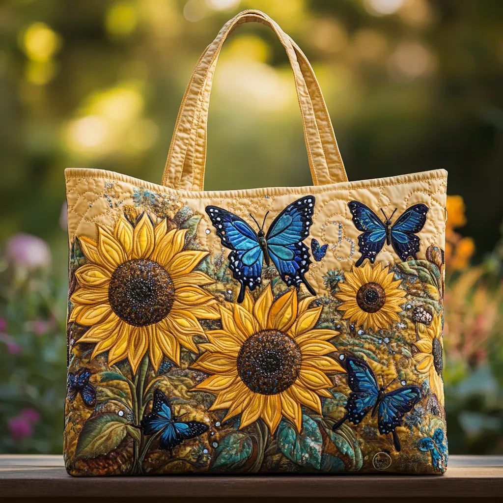 Sac à main matelassé tournesols et papillons bleus, brodé main – Mathilde Montreux