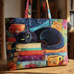 Sac à main matelassé chat noir, livres et tasses, brodé main – Mathilde Montreux