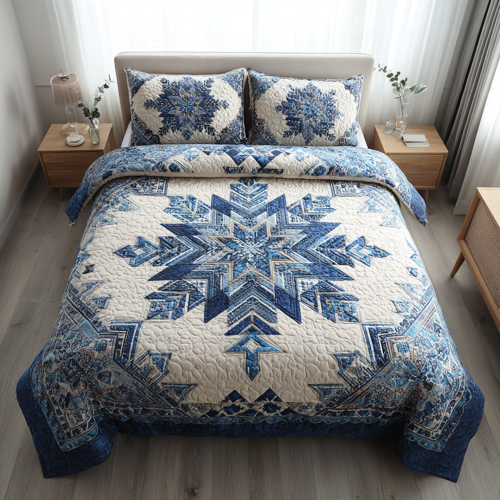 Ensemble de lit matelassé 3 pièces - Flocons Azur
