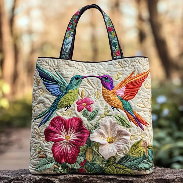 Sac à main matelassé – Colibri et fleurs blanches
