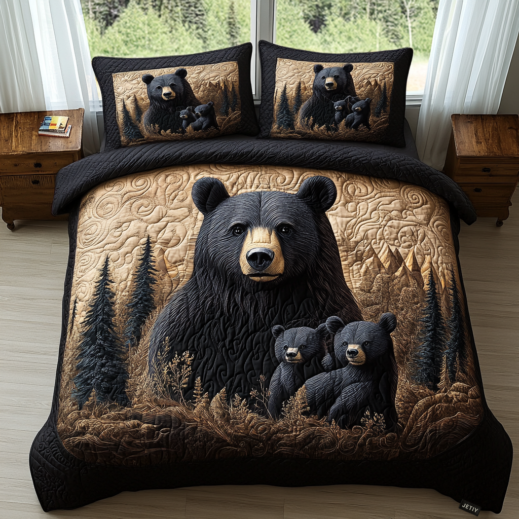 Ensemble de lit matelassé 3 pièces - Famille d'Ours Noirs