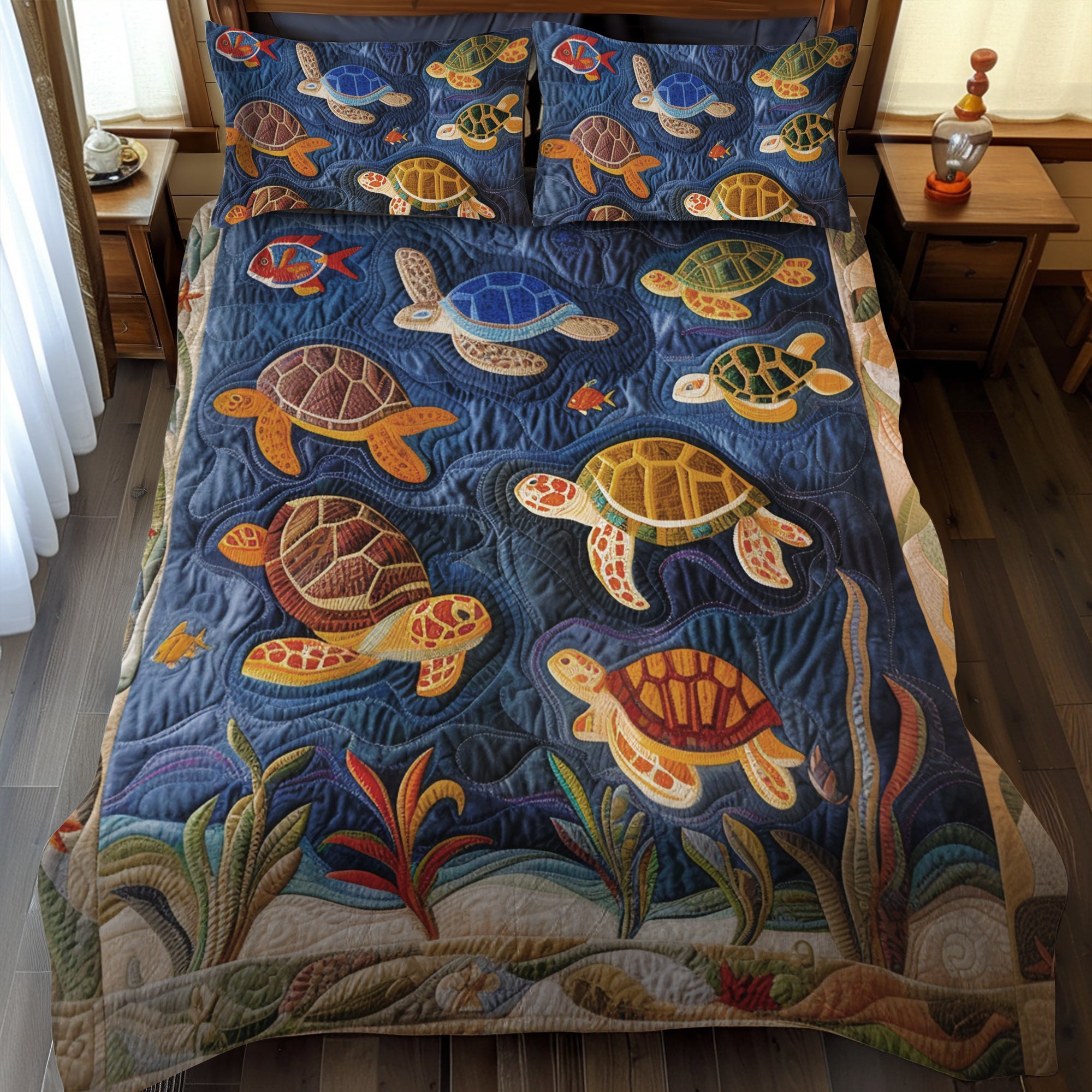 Ensemble de lit matelassé 3 pièces - Tortue Marine