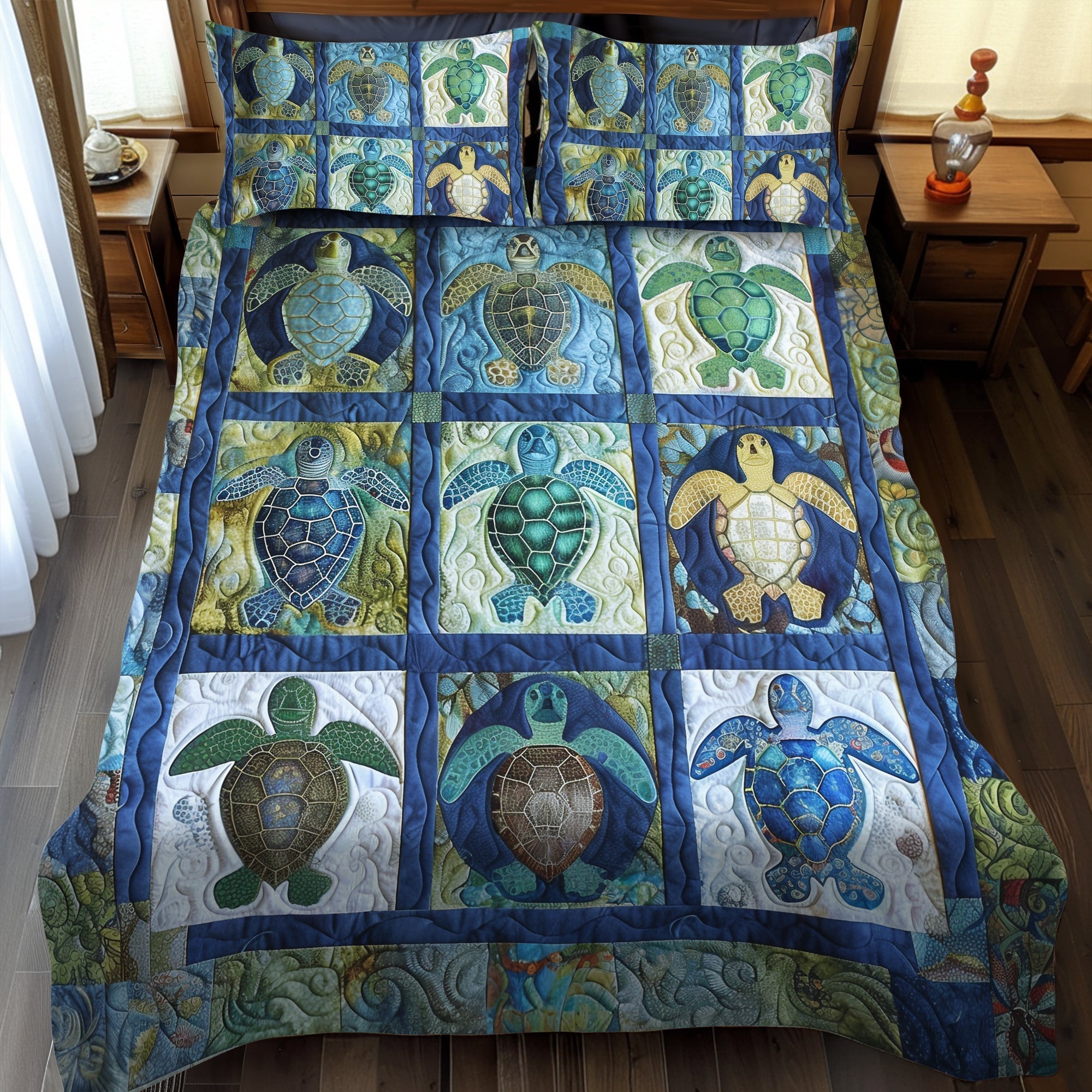 Ensemble de lit matelassé 3 pièces - Tortue Marine
