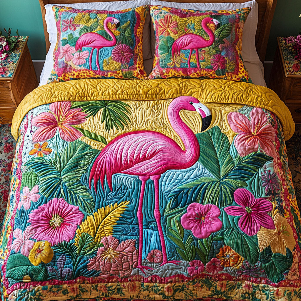 Ensemble de lit matelassé 3 pièces - Flamant Rose