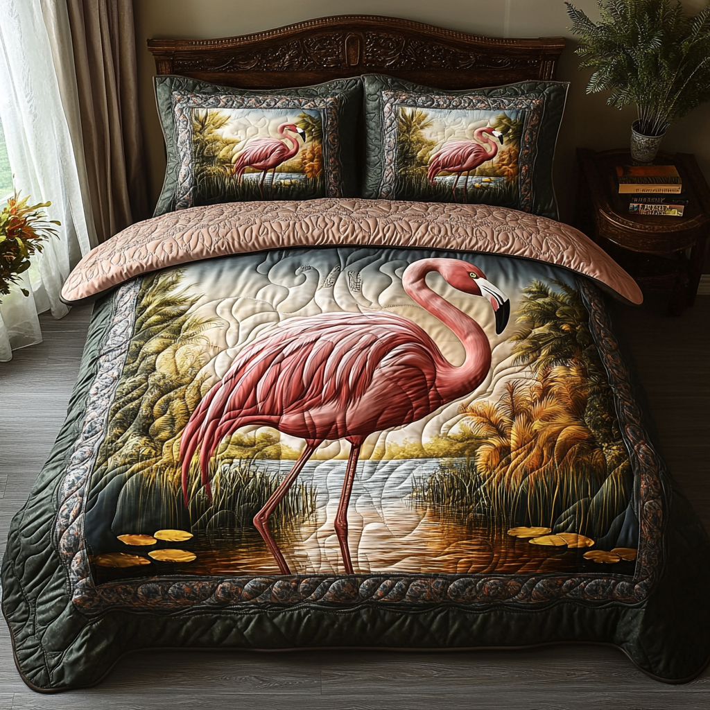 Ensemble de lit matelassé 3 pièces - Flamant Rose