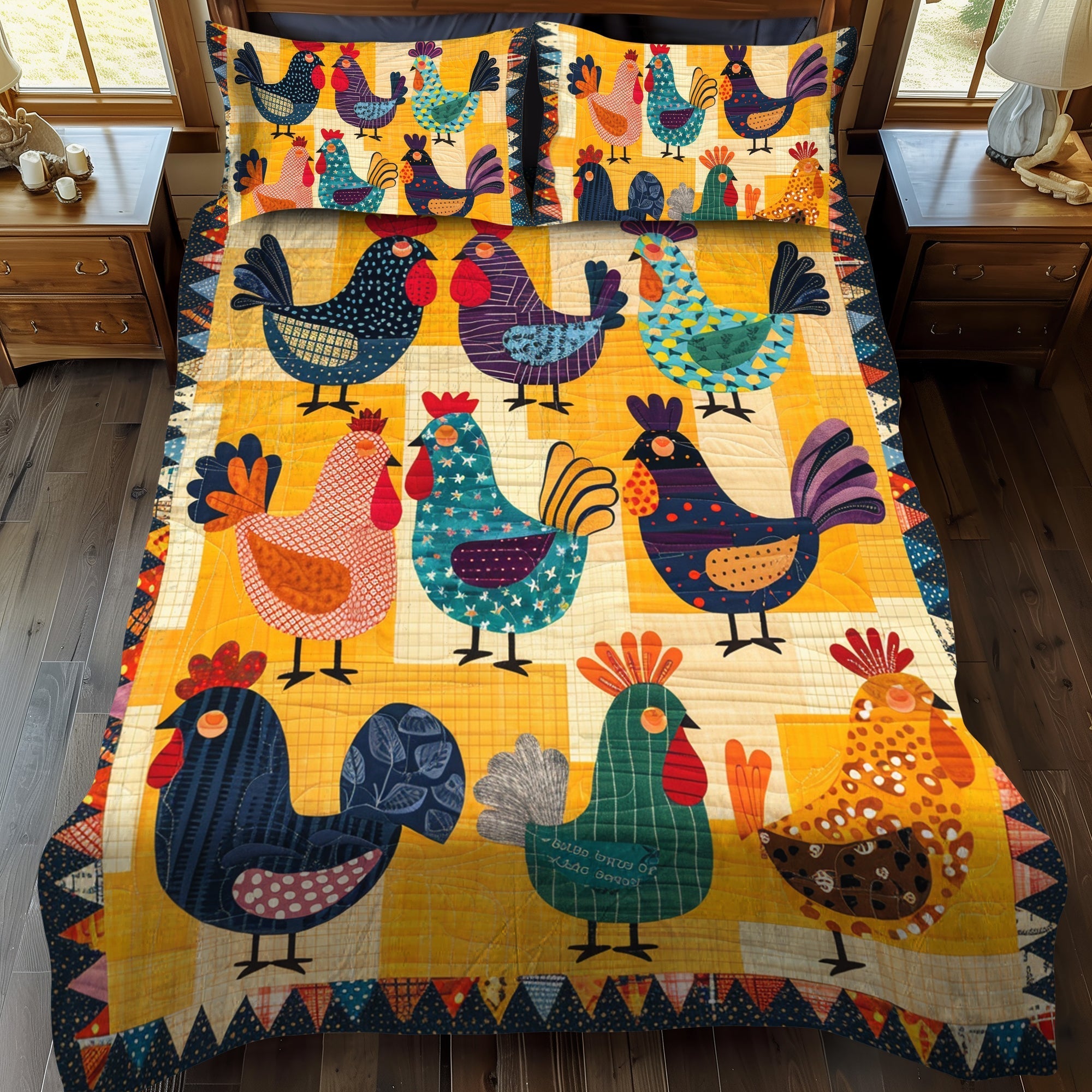 Ensemble de lit matelassé 3 pièces - Poules