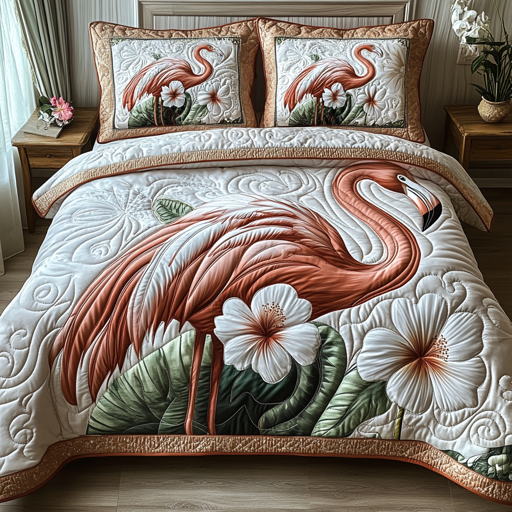 Ensemble de lit matelassé 3 pièces - Flamant Rose