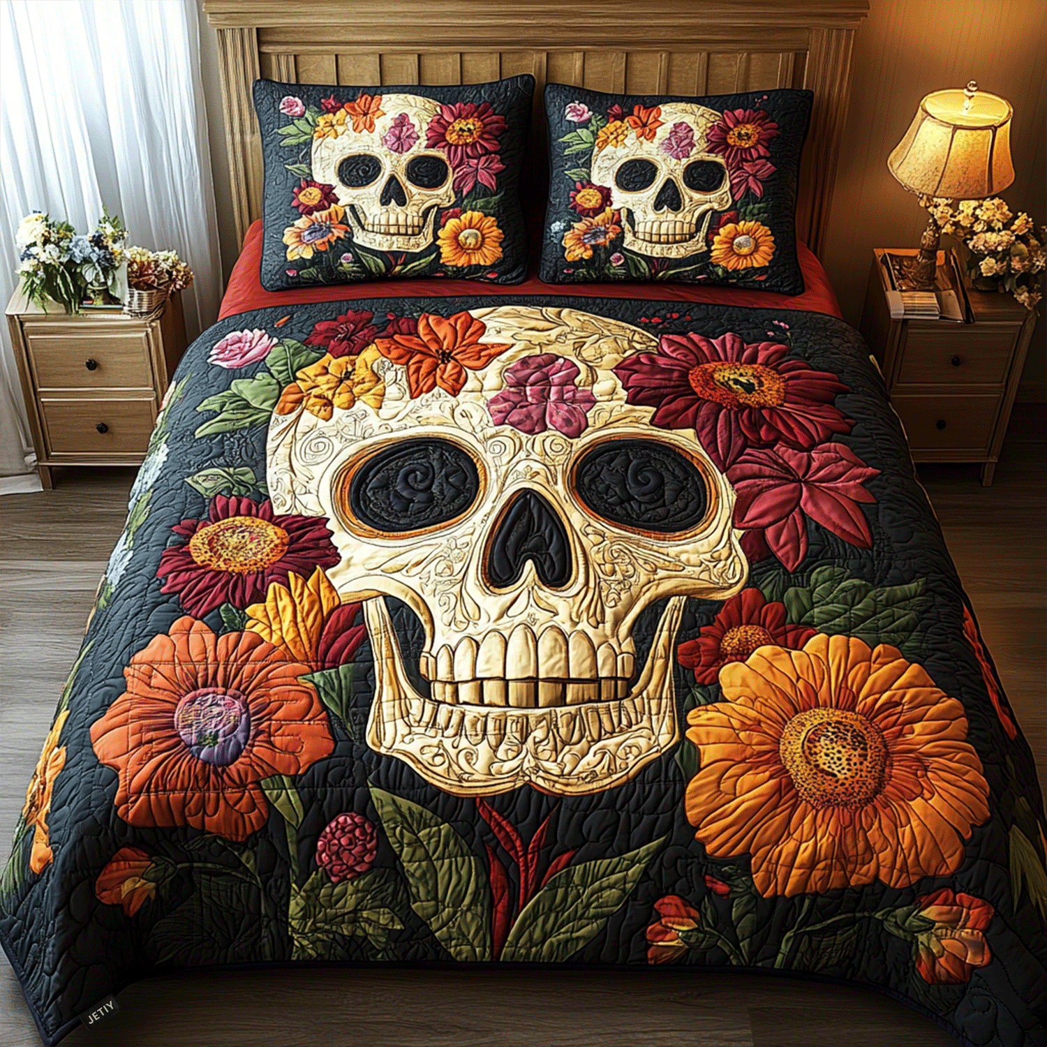 Ensemble de lit matelassé 3 pièces - Crâne Fleuri