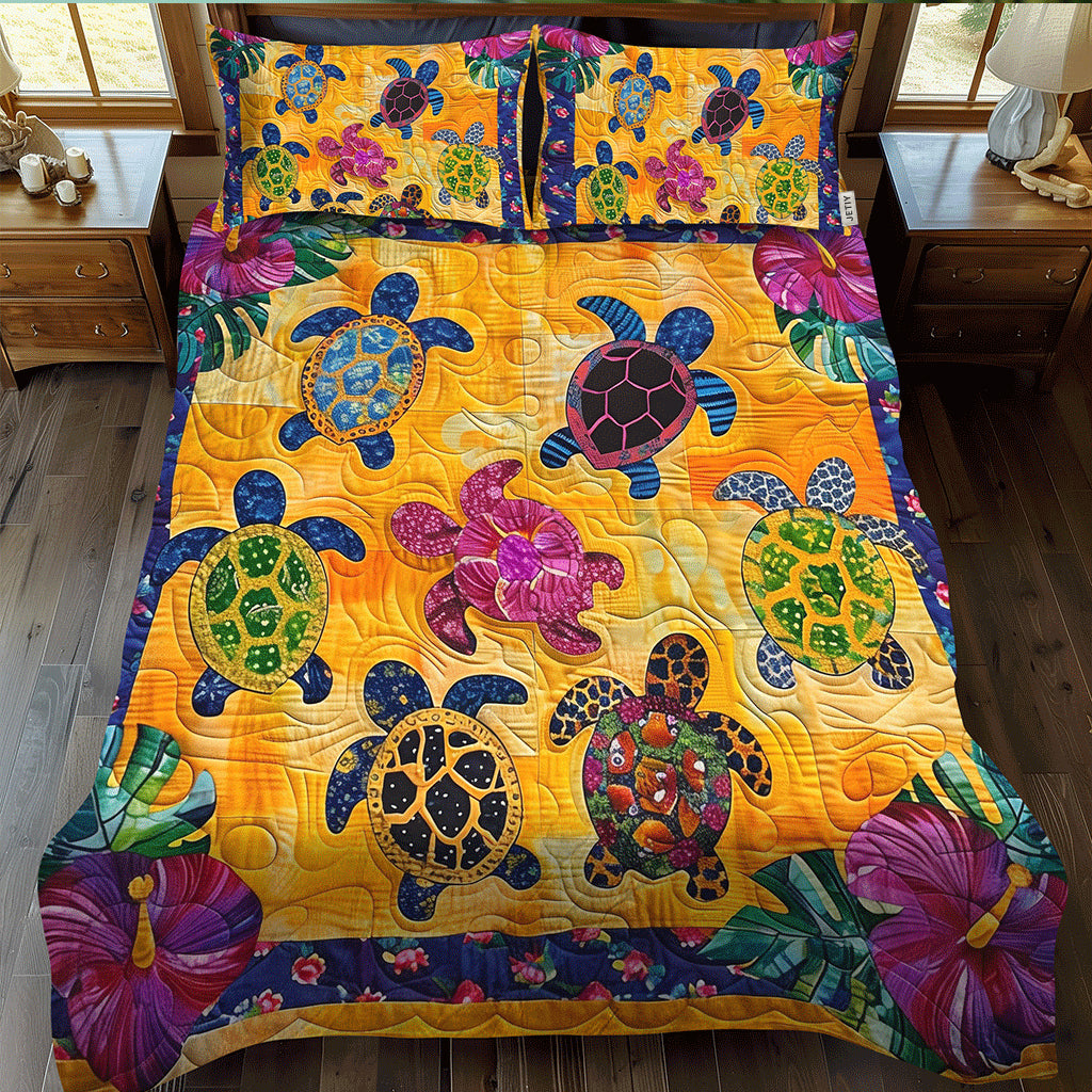 Ensemble de lit matelassé 3 pièces - Tortue et Hibiscus