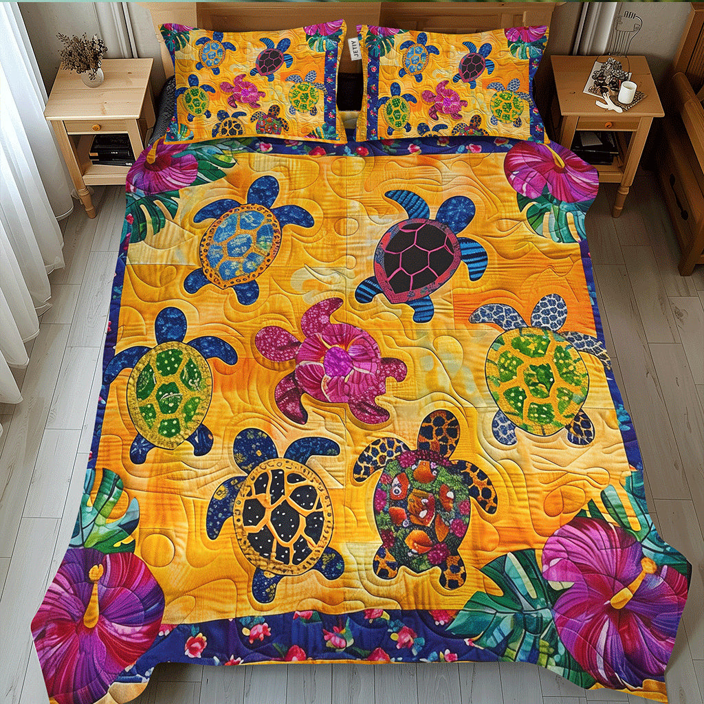 Ensemble de lit matelassé 3 pièces - Tortue et Hibiscus