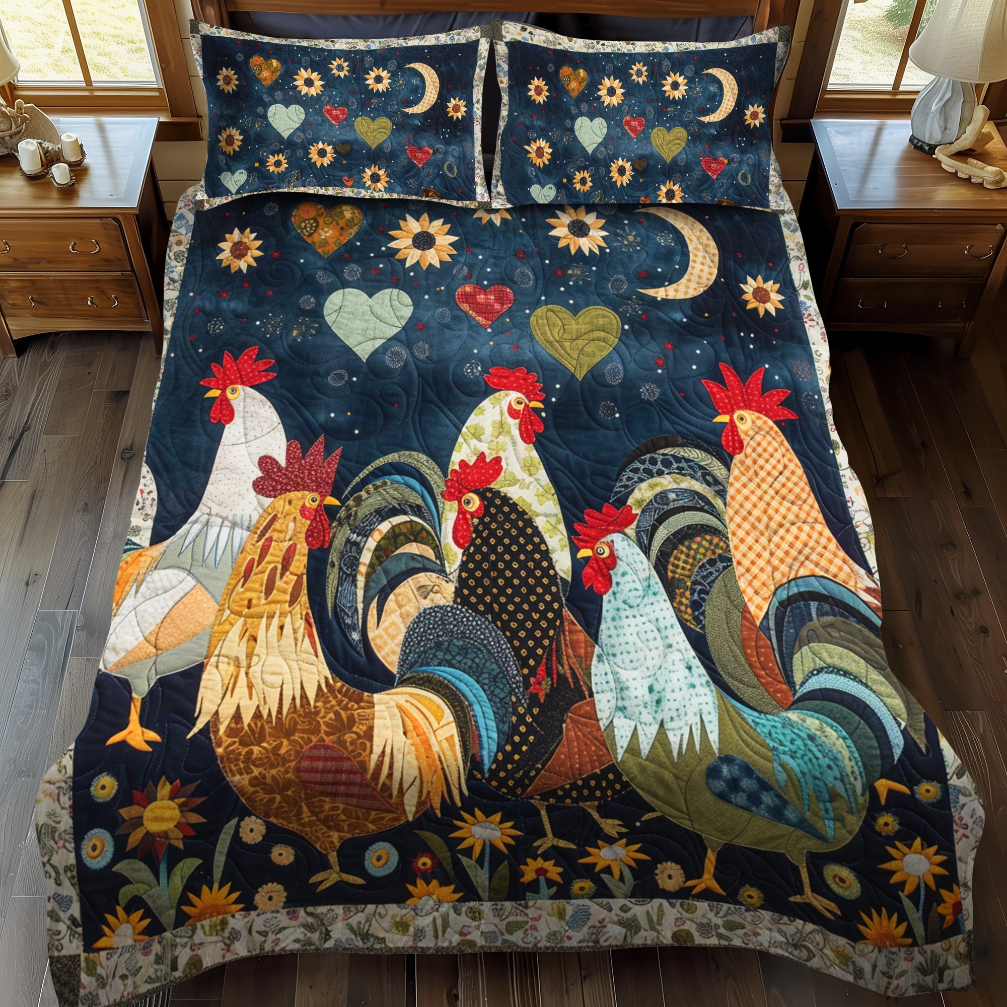 Ensemble de lit matelassé 3 pièces - Poules
