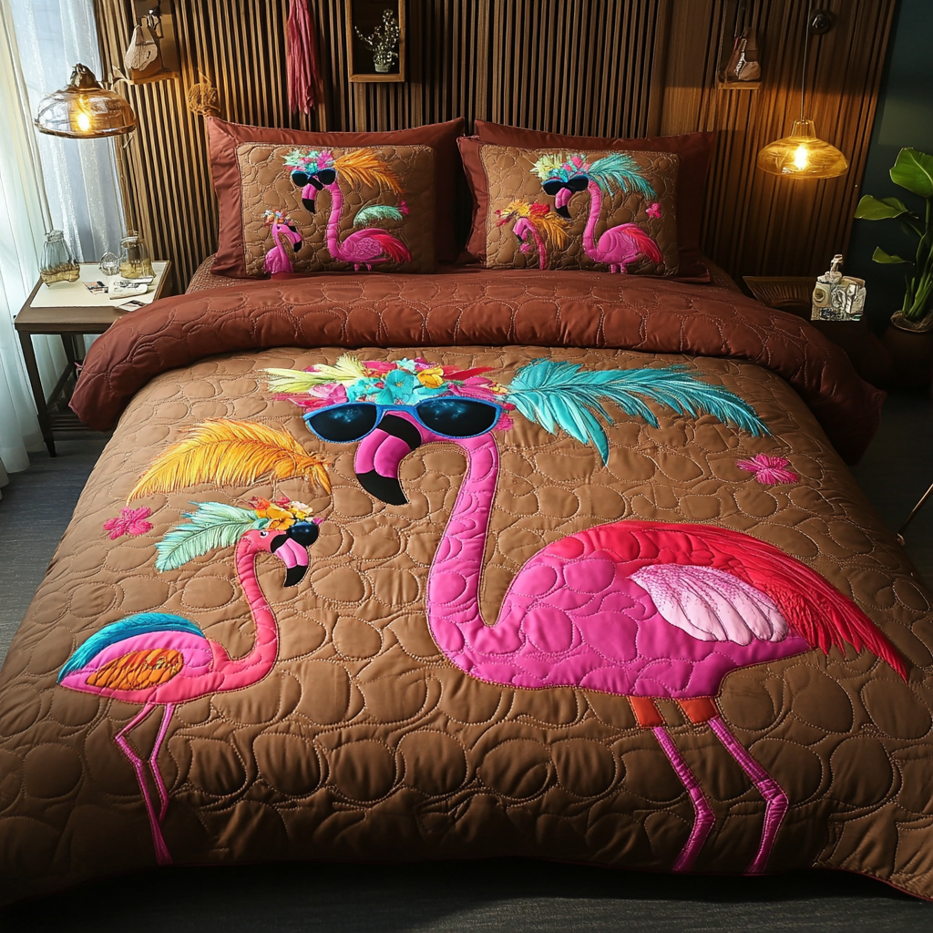 Ensemble de lit matelassé 3 pièces - Flamant Rose