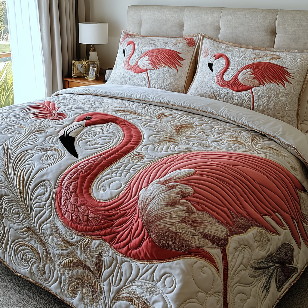 Ensemble de lit matelassé 3 pièces - Flamant Rose