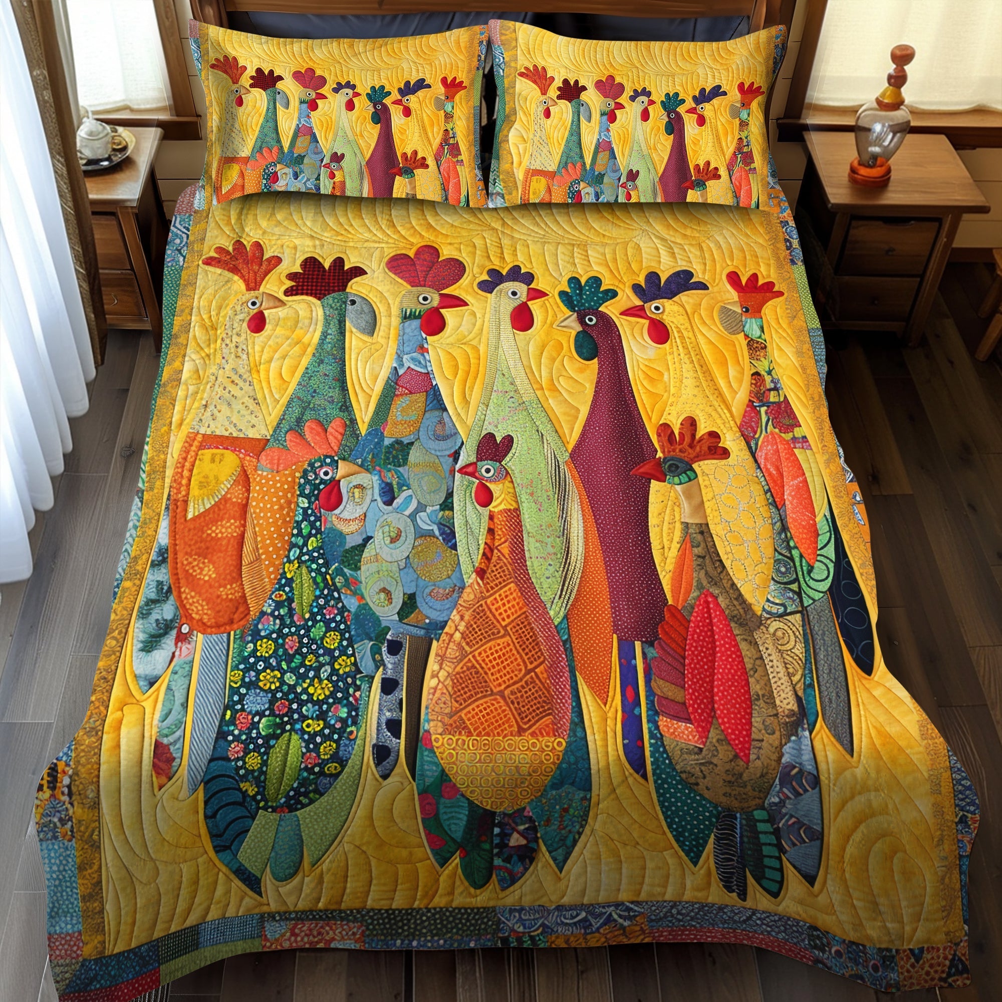 Ensemble de lit matelassé 3 pièces - Poules