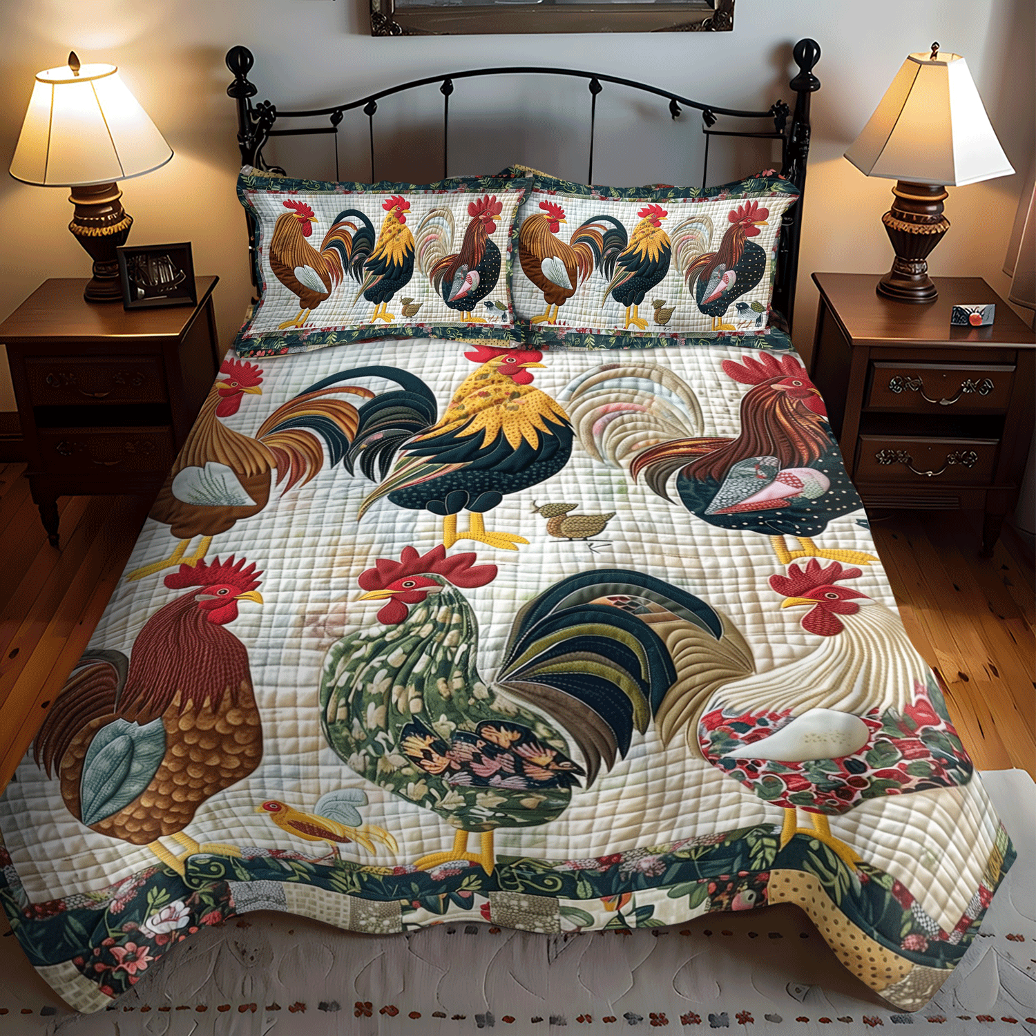 Ensemble de lit matelassé 3 pièces - Poules