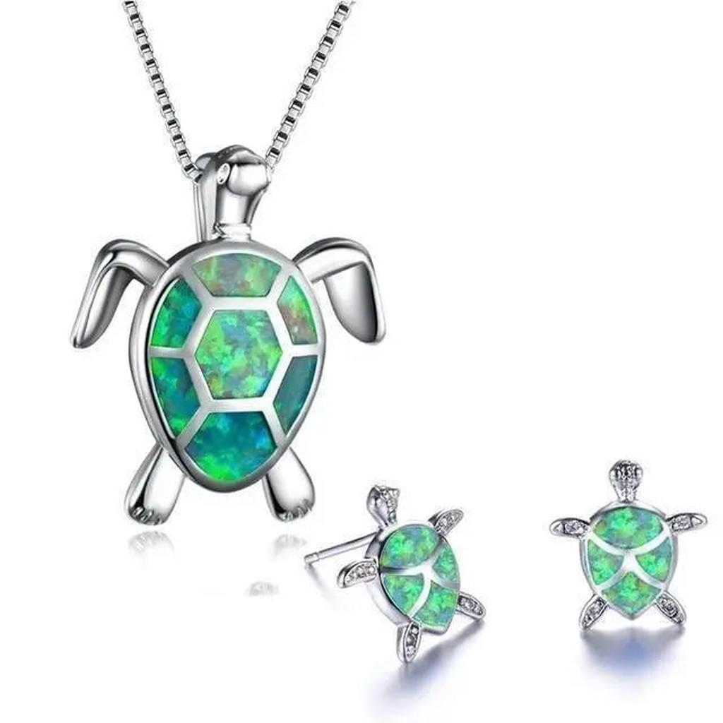 Ensemble : collier et boucles d'oreilles tortue de mer opale et or blanc