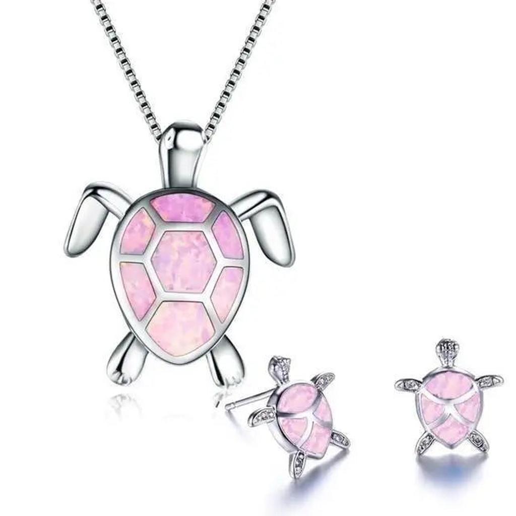 Ensemble : collier et boucles d'oreilles tortue de mer opale et or blanc