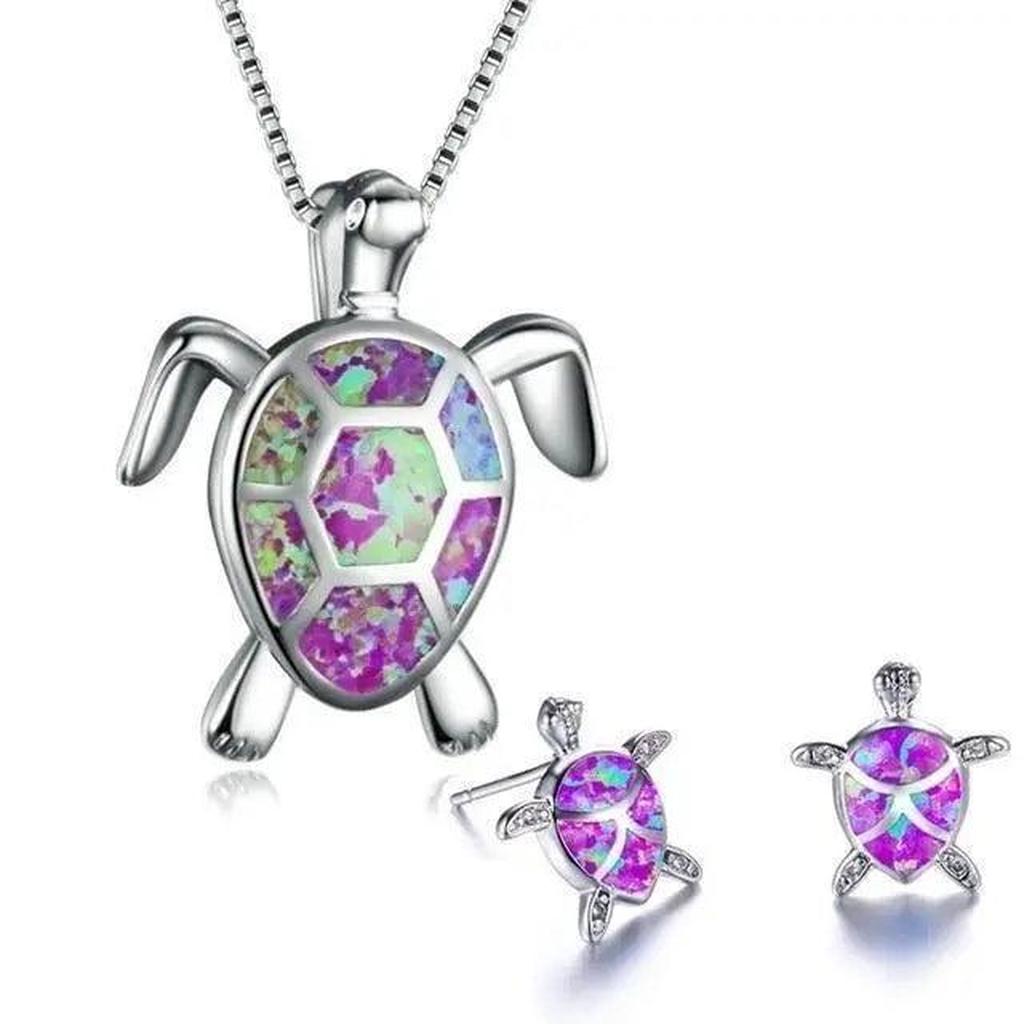 Ensemble : collier et boucles d'oreilles tortue de mer opale et or blanc