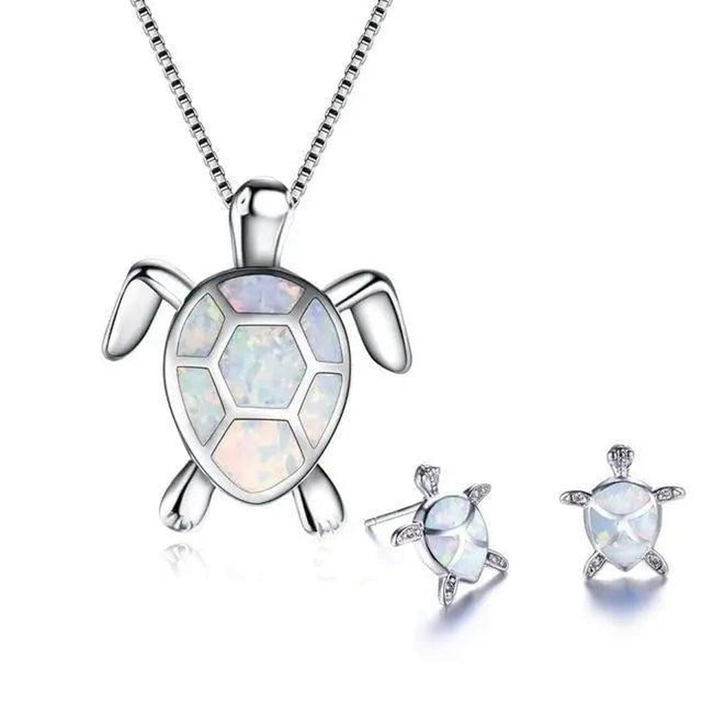 Ensemble : collier et boucles d'oreilles tortue de mer opale et or blanc