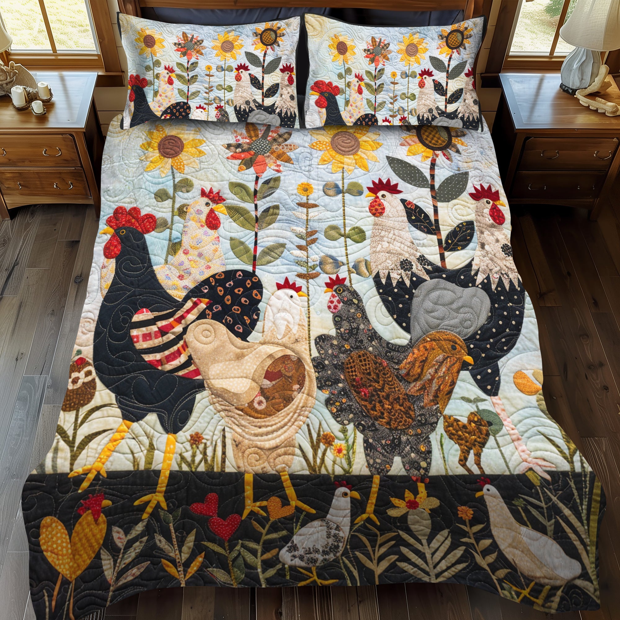 Ensemble de lit matelassé 3 pièces - Poules