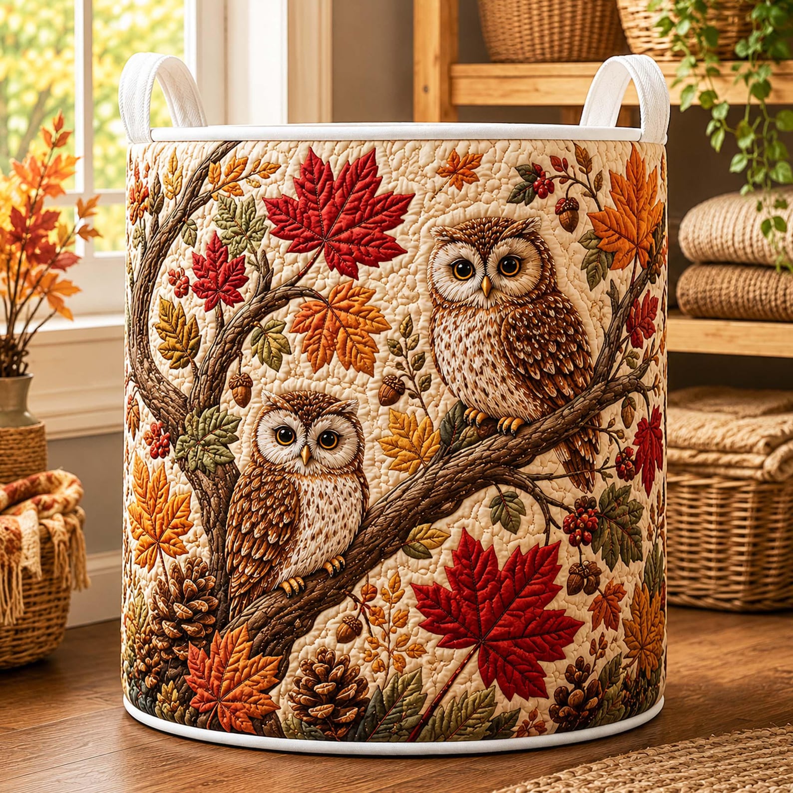 Panier à linge matelassé Hibou des Feuilles