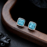 Puces d'oreilles carrées turquoise | Or blanc