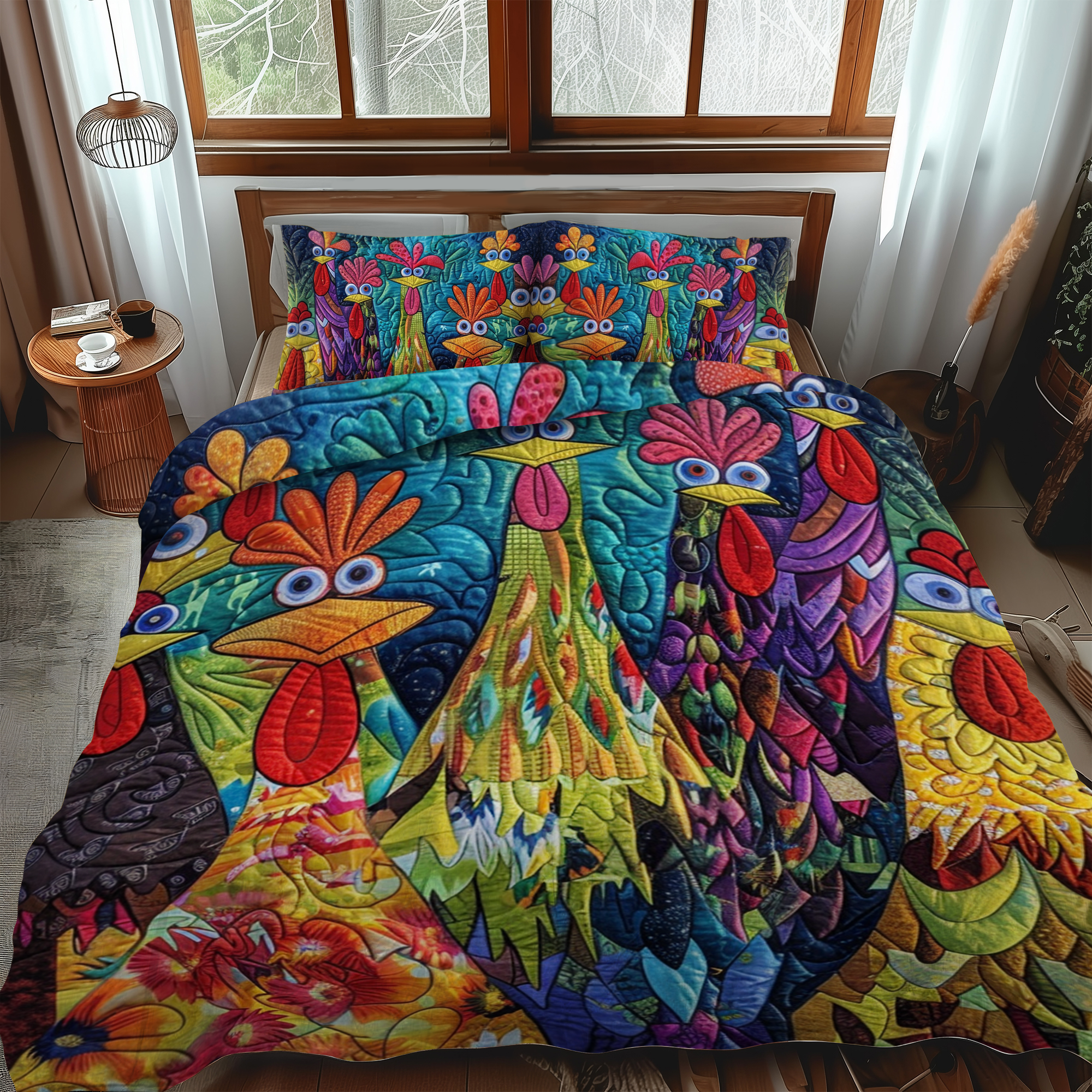Ensemble de lit matelassé 3 pièces - Poules Fantaisie