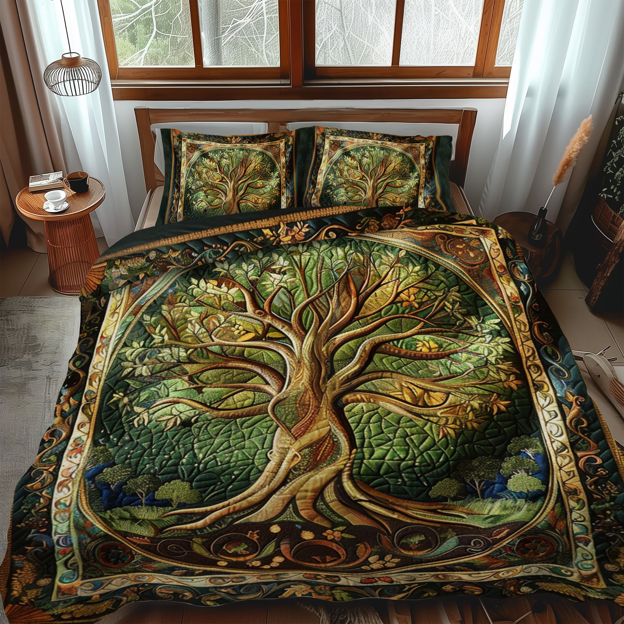 Ensemble de lit matelassé 3 pièces - Arbre de Vie Éclatant