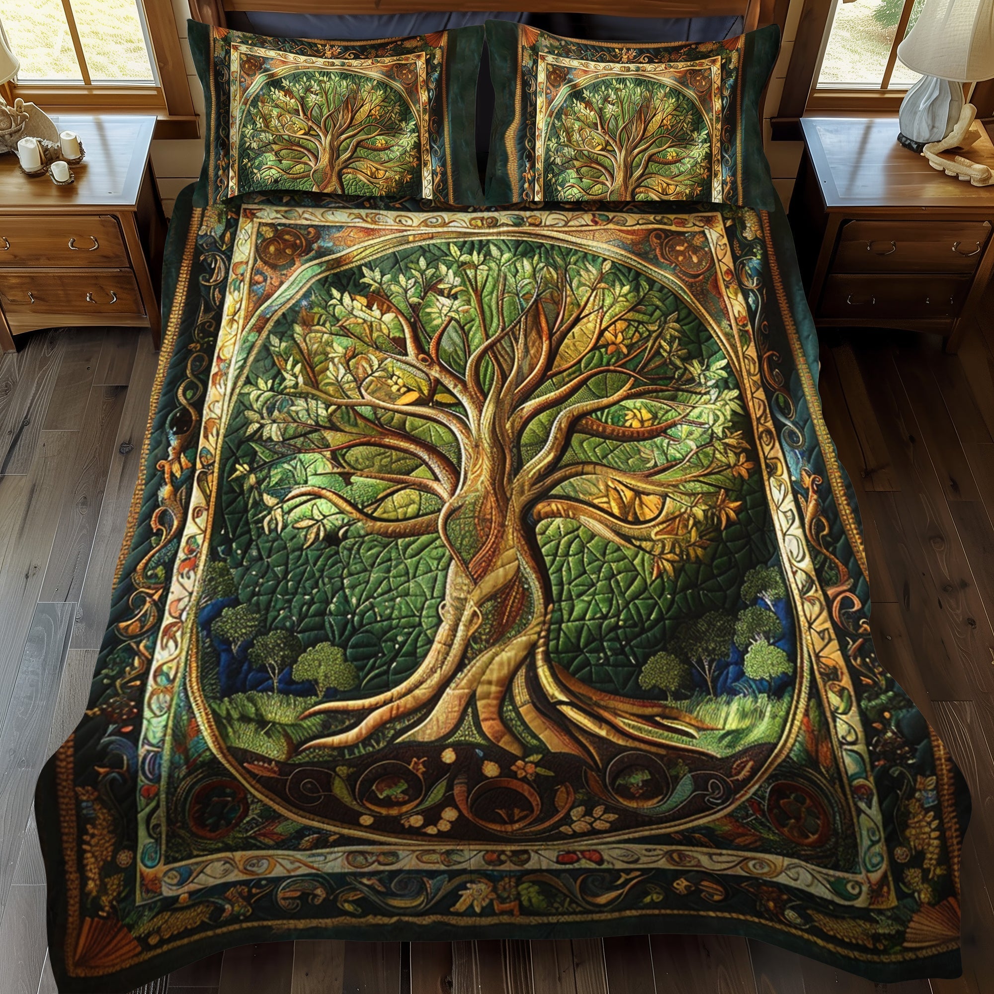 Ensemble de lit matelassé 3 pièces - Arbre de Vie Éclatant