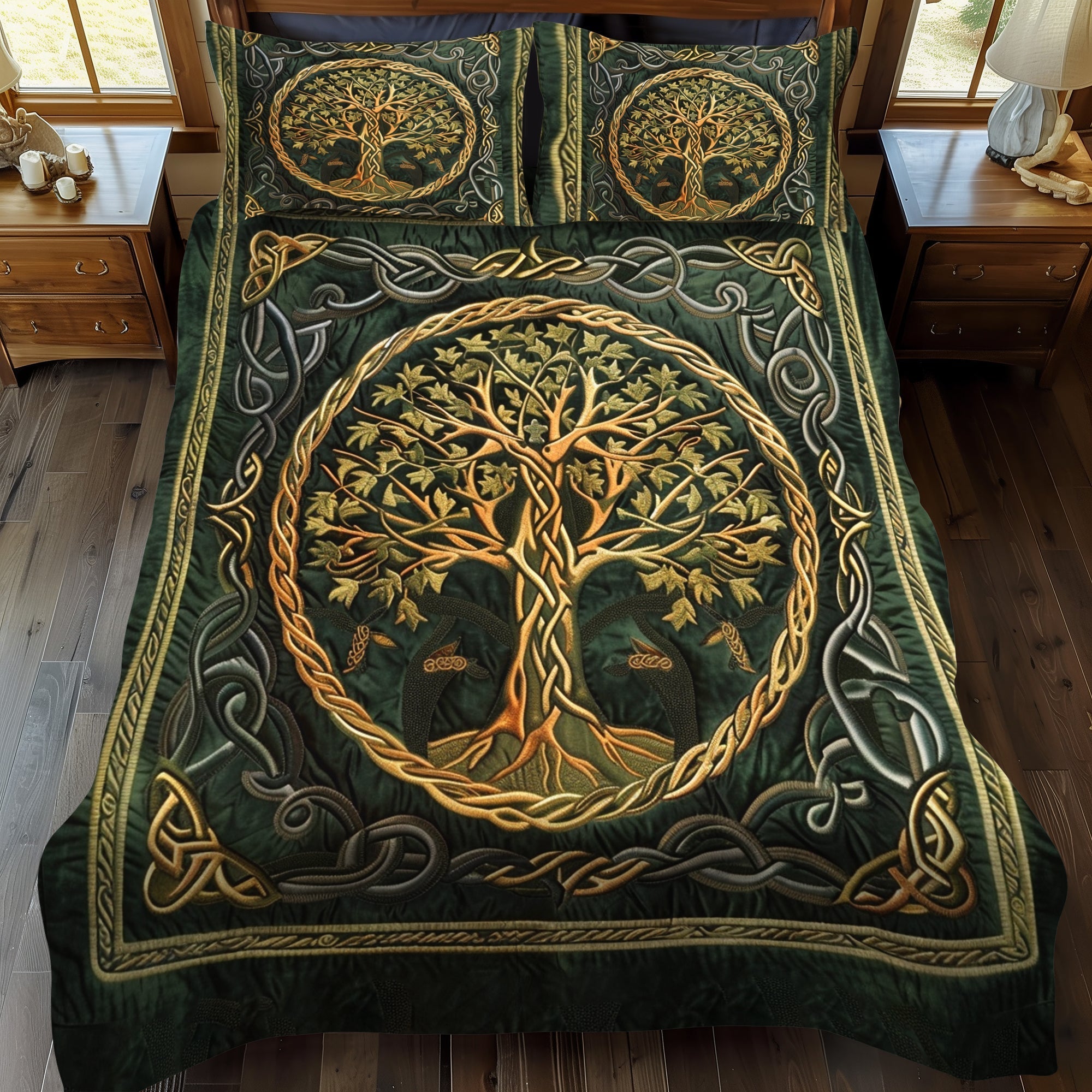 Ensemble de lit matelassé 3 pièces - Arbre de Vie Celtique Doré