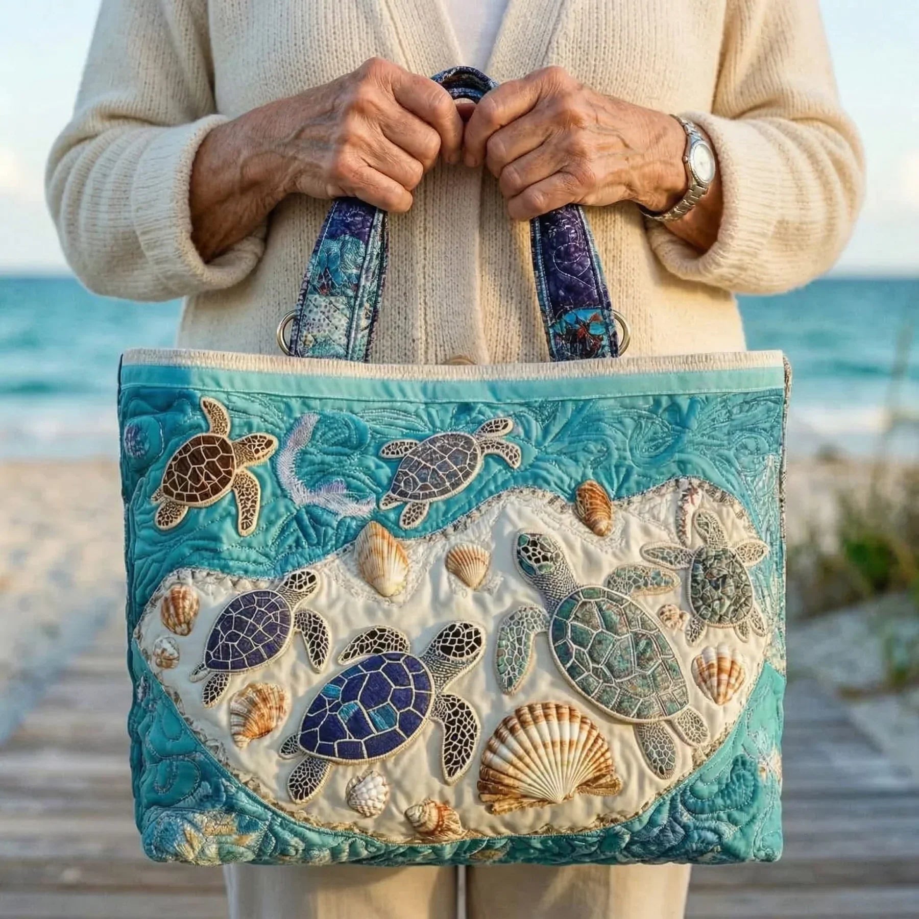 Sac à main matelassé amour de tortues, brodé main, vue de détail – Mathilde Montreux