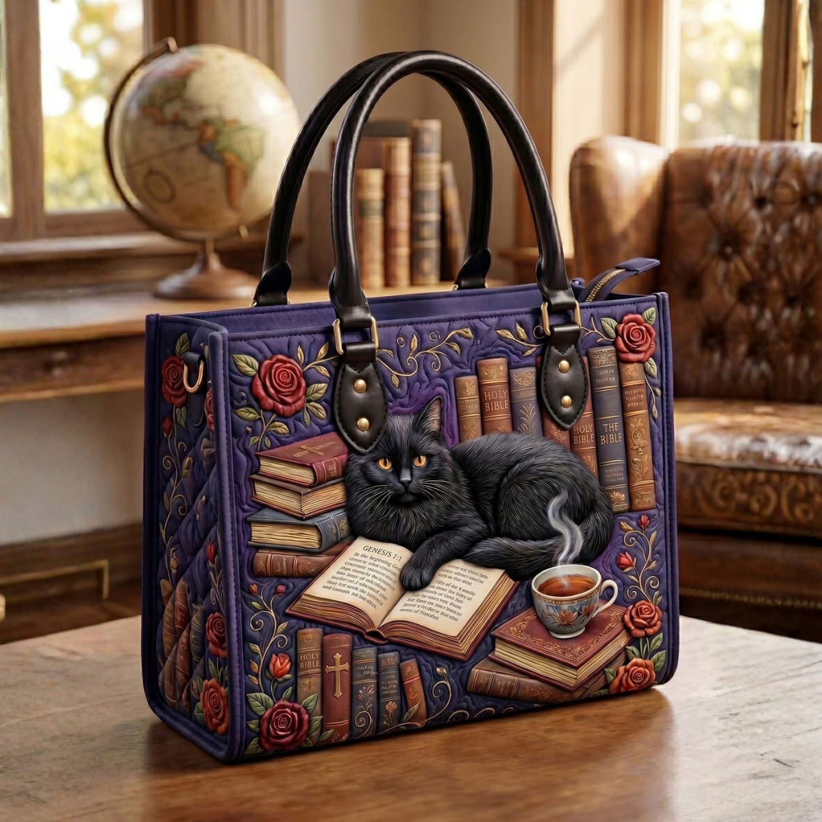 Sac à main - Livre & chat noir violet