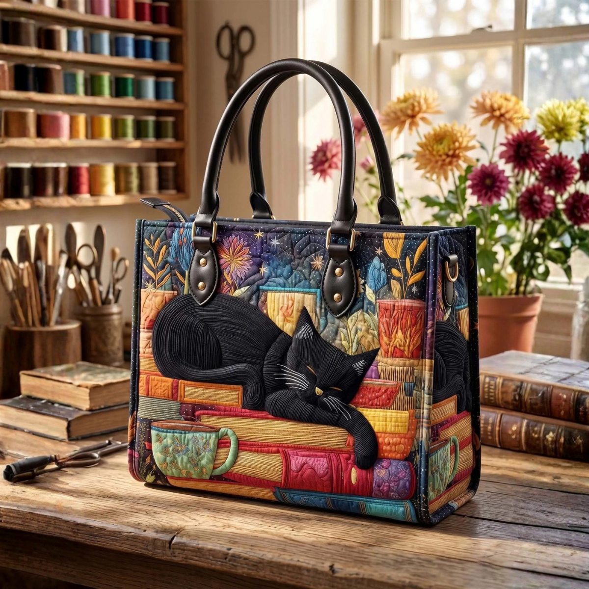 Sac à main - Livres & chat noir